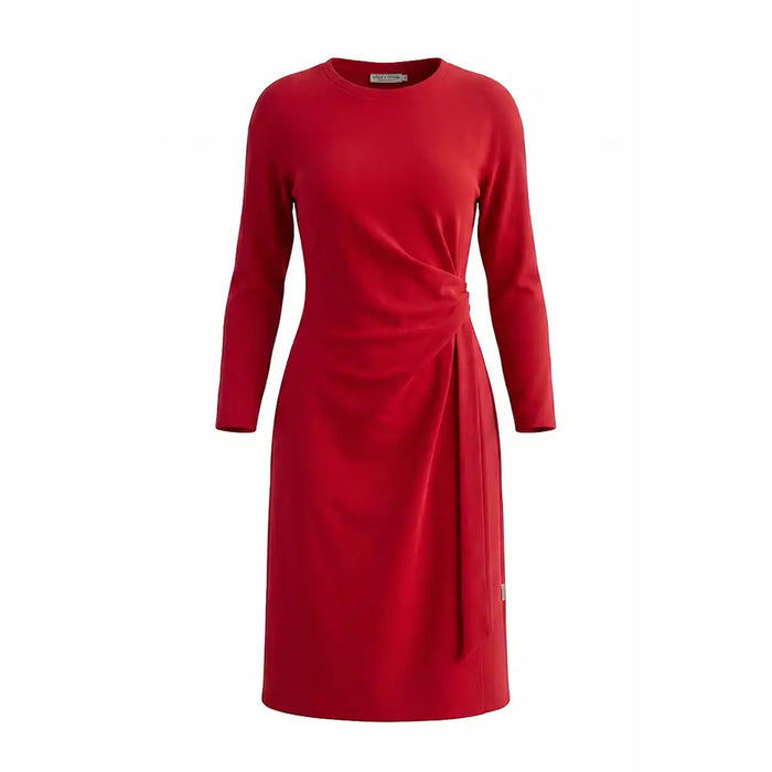 A bright red long-sleeve knit dress with a crew neck and a wrap-style skirt detail, shown on a plain white background.
