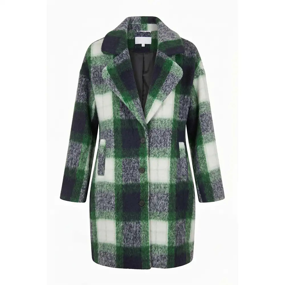 A women's mid-length plaid coat in green, white, and dark navy, featuring a notched lapel and front buttons, shown against a plain white background.