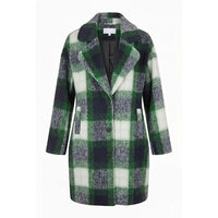 A women's mid-length plaid coat in green, white, and dark navy, featuring a notched lapel and front buttons, shown against a plain white background.