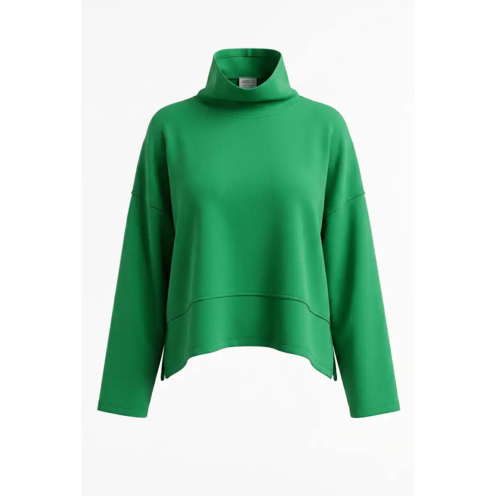 A bright green long-sleeve turtleneck sweater displayed on a clean white background.