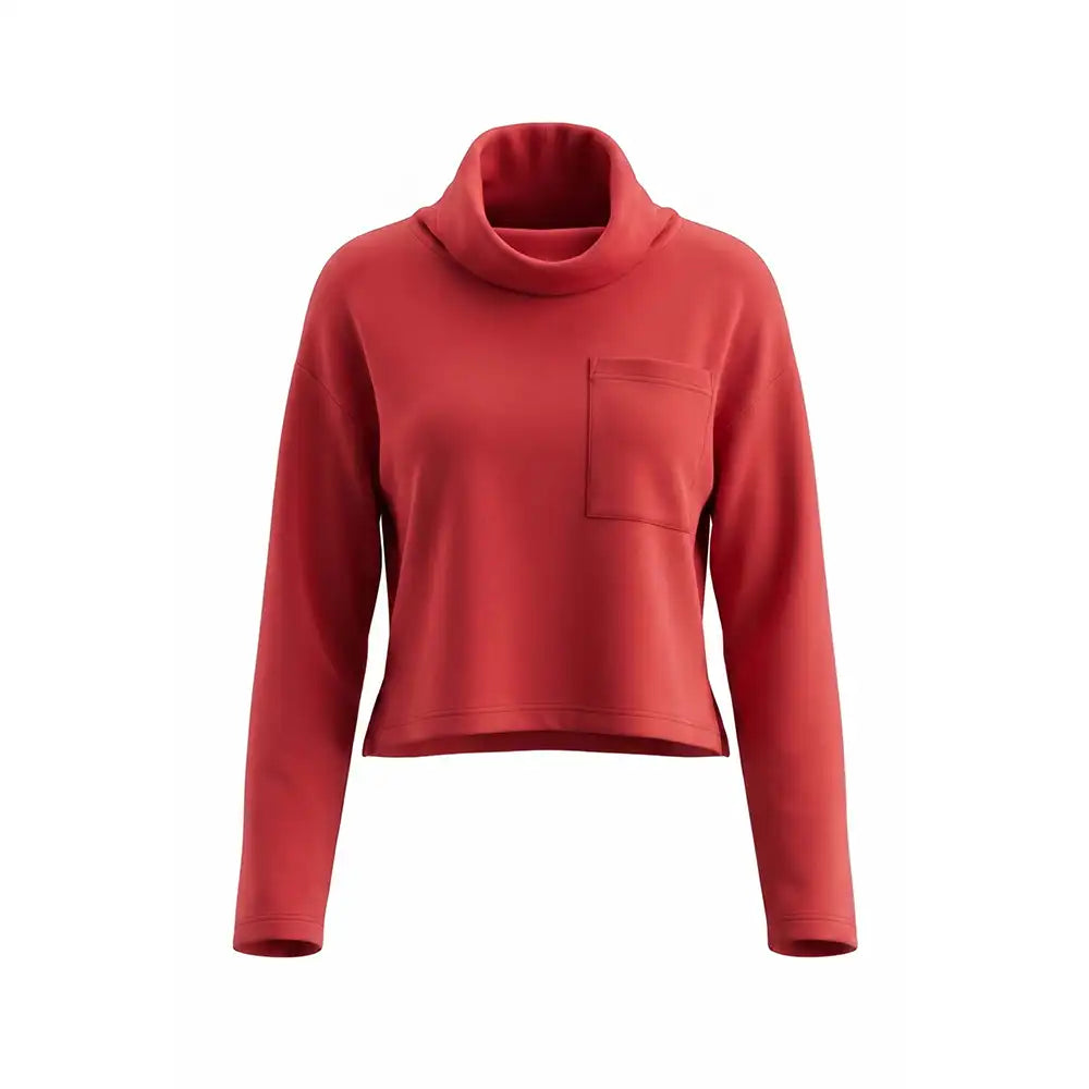 A red long-sleeve crop top with a mock neck and a chest pocket, shown on a plain white background.
