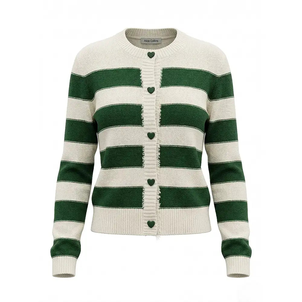 A green and cream striped knit cardigan sweater with heart-shaped buttons, shown on a plain white background.