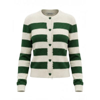 A green and cream striped knit cardigan sweater with heart-shaped buttons, shown on a plain white background.