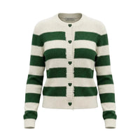 A green and cream striped knit cardigan sweater with heart-shaped buttons, shown on a plain white background.