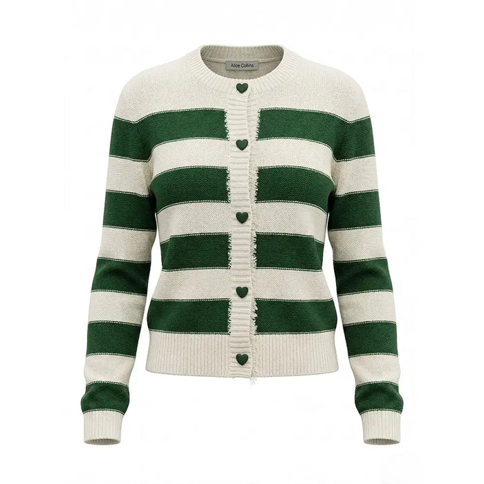 A green and cream striped knit cardigan sweater with heart-shaped buttons, shown on a plain white background.