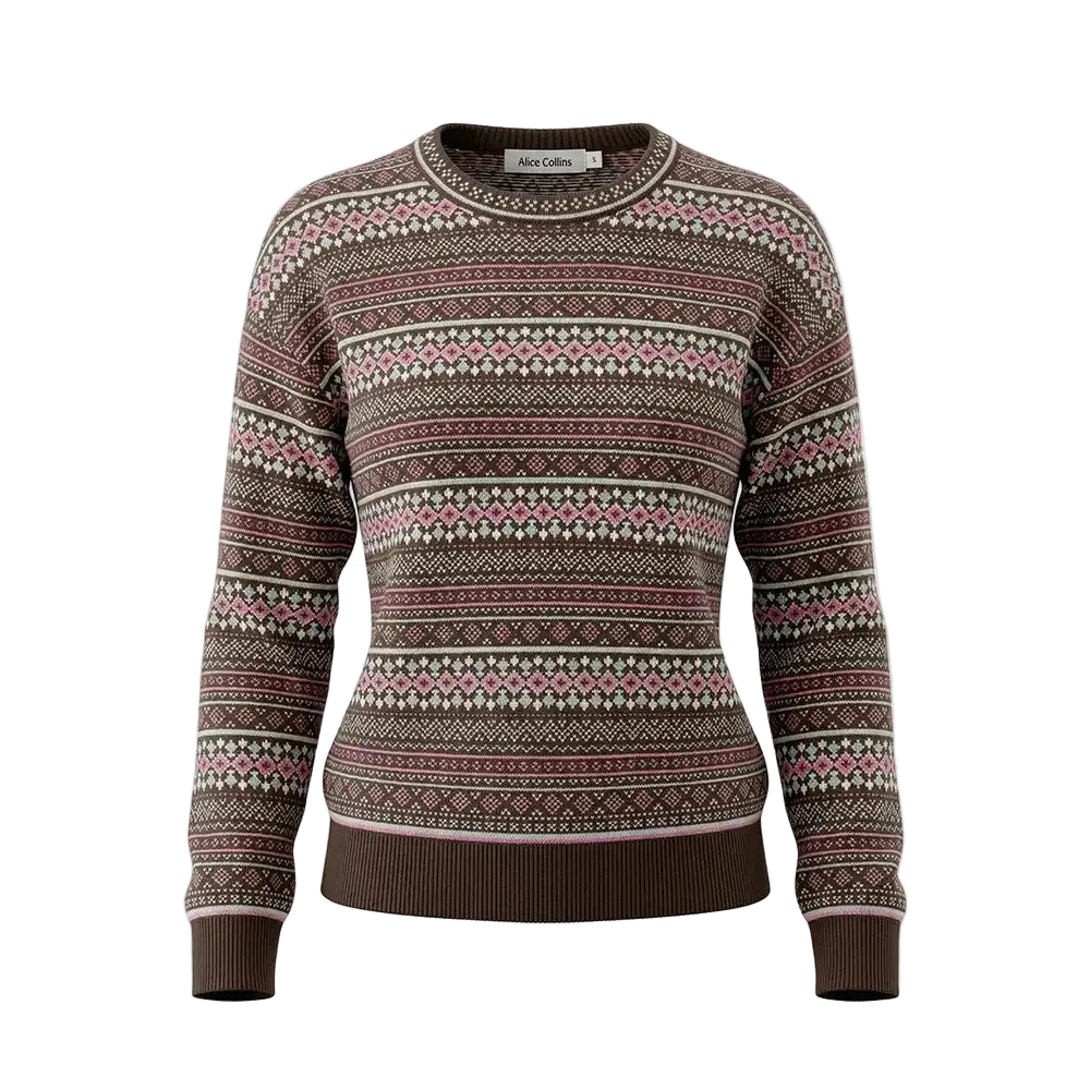 A women's crewneck knit sweater with a brown, pink, and cream Fair Isle pattern, shown on a white background.