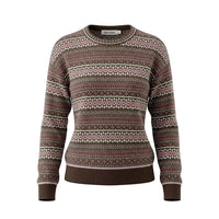 A women's crewneck knit sweater with a brown, pink, and cream Fair Isle pattern, shown on a white background.