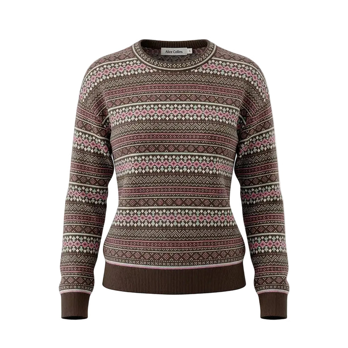 A women's crewneck knit sweater with a brown, pink, and cream Fair Isle pattern, shown on a white background.