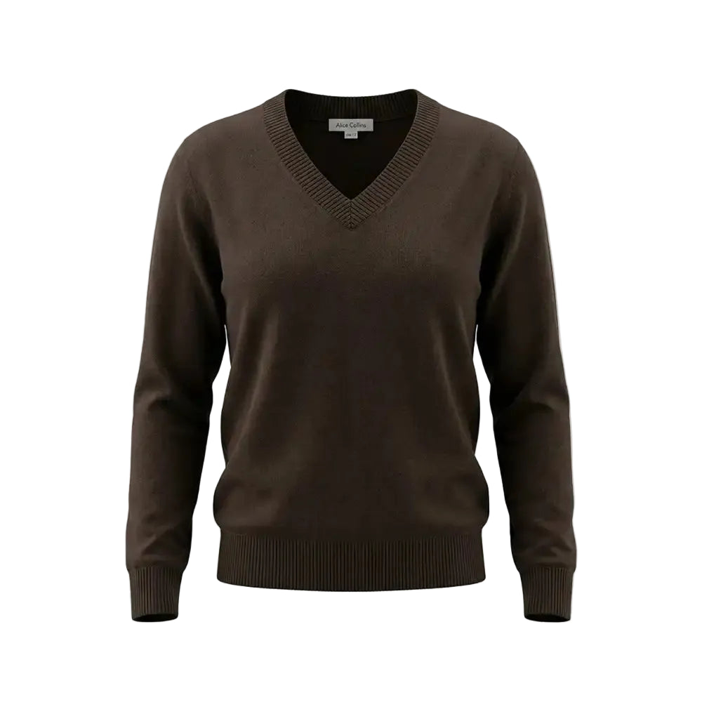 A dark brown V-neck knit sweater displayed on a ghost mannequin against a light gray background.