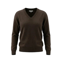 A dark brown V-neck knit sweater displayed on a ghost mannequin against a light gray background.