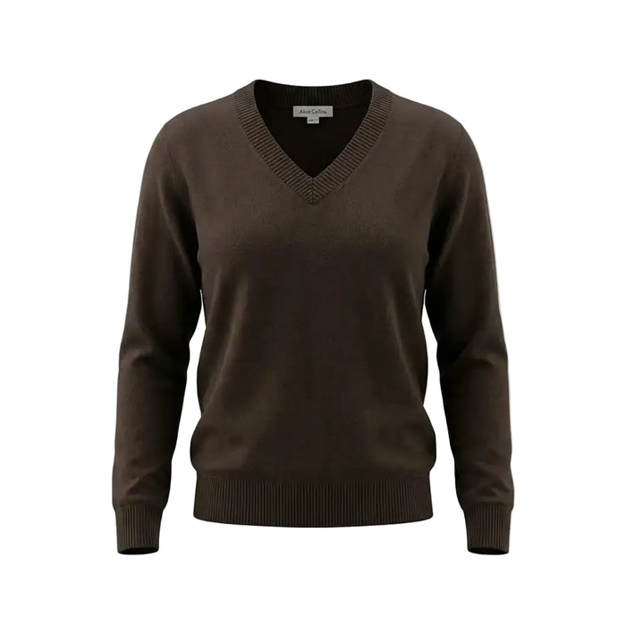 A dark brown V-neck knit sweater displayed on a ghost mannequin against a light gray background.