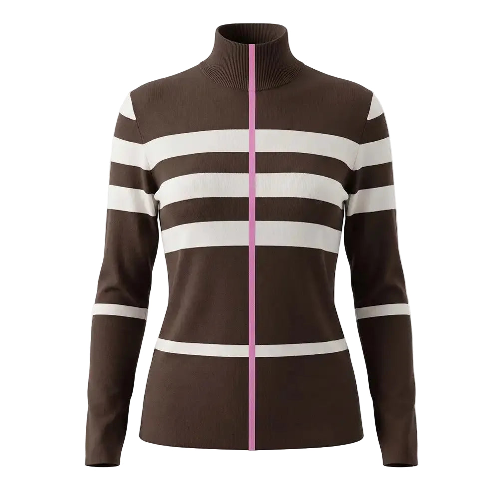 High neck chocolate brown pullover with striking horizontal winter white stripes and a pink stripe down the length of the centre of the garment.