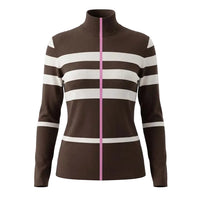 High neck chocolate brown pullover with striking horizontal winter white stripes and a pink stripe down the length of the centre of the garment.