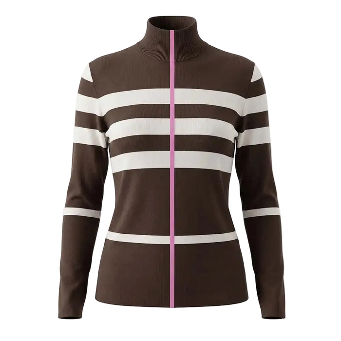 High neck chocolate brown pullover with striking horizontal winter white stripes and a pink stripe down the length of the centre of the garment.