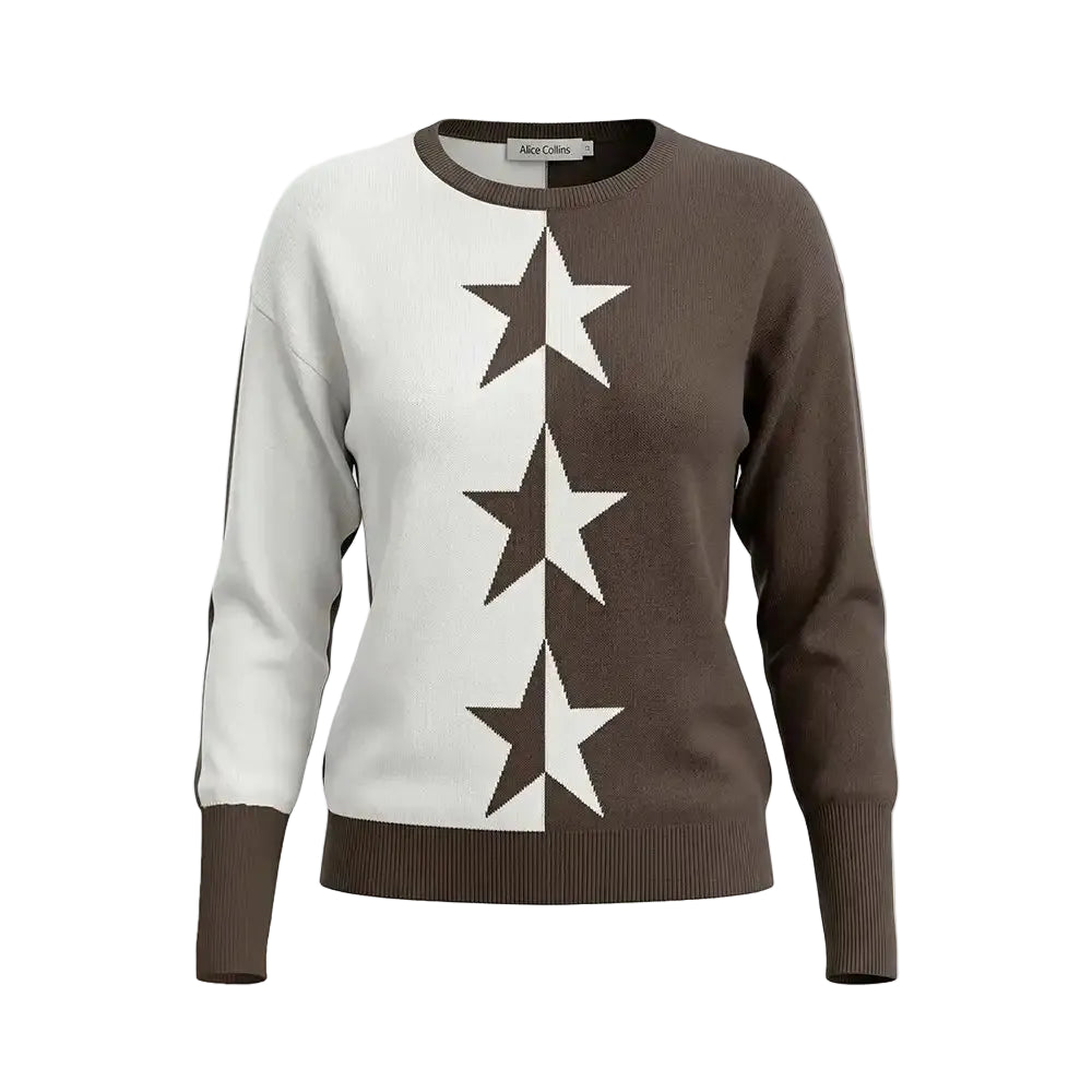 A women's crewneck sweater with a color-blocked design of white and dark brown, featuring three large white stars knitted vertically down the center. The brand name 'Maja & C' is visible on the inner neck label.