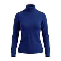 A royal blue ribbed knit turtleneck sweater displayed on an invisible mannequin against a plain white background.