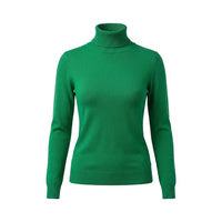 Cowl necked emerald green jumper in a white studio environment.