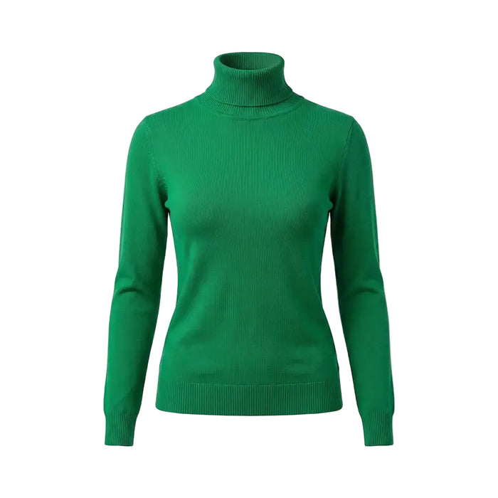 Cowl necked emerald green jumper in a white studio environment.