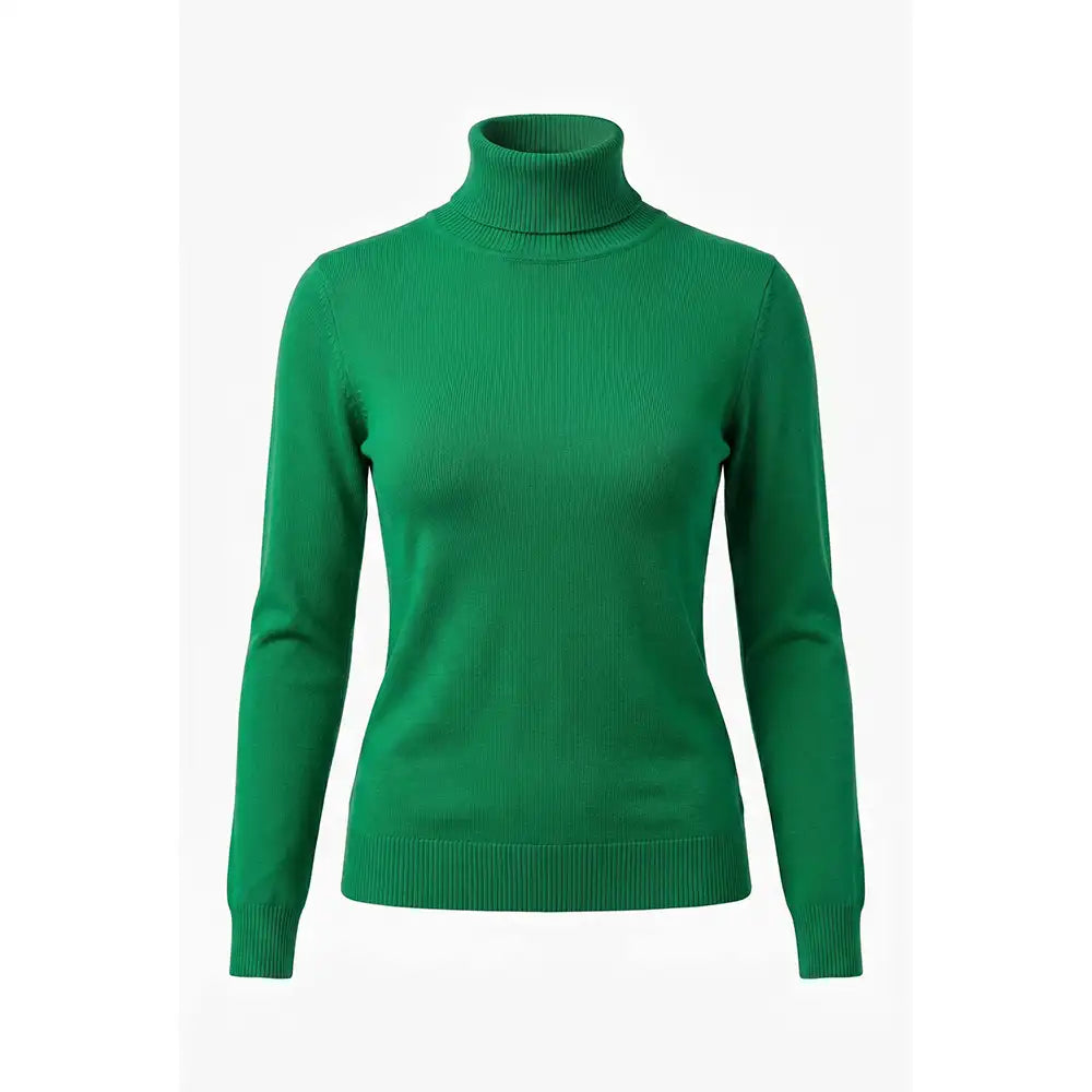 A bright green ribbed knit turtleneck sweater displayed on a clean white background.