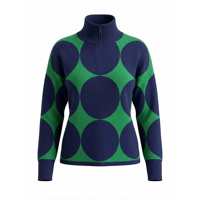 A women's mock neck knit sweater featuring a bold green and navy geometric pattern of large interlocking circles, with a front zipper, on a plain white background.