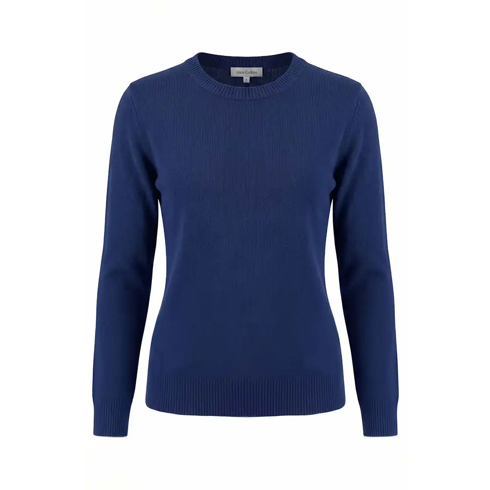 A navy blue ribbed knit crewneck sweater displayed on a clean white background.