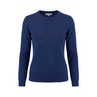 A navy blue ribbed knit crewneck sweater displayed on a clean white background.