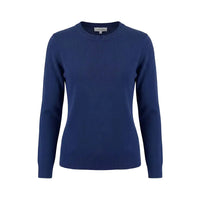 A navy blue ribbed knit crewneck sweater displayed on a clean white background.