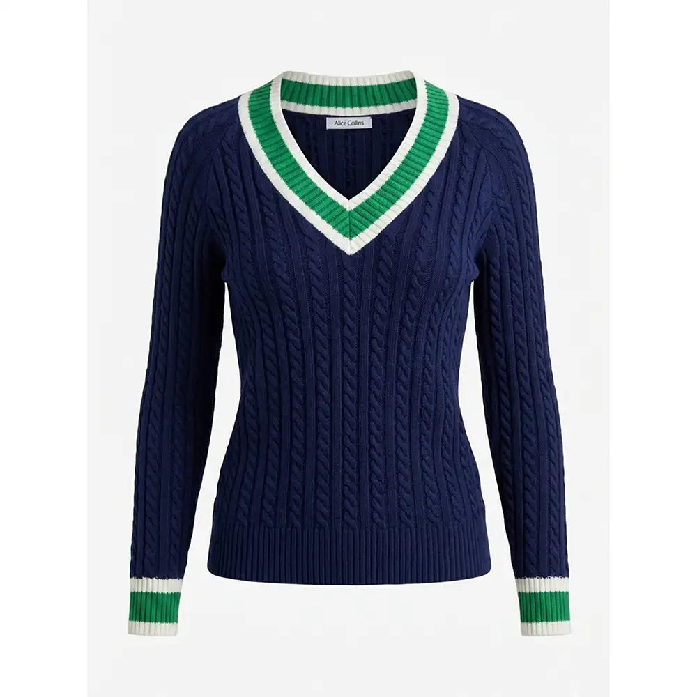 A navy blue cable-knit V-neck sweater with green and white striped trim at the collar and cuffs, shown against a plain white background.