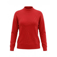 A red mock neck knit sweater with a large star-shaped textured pattern on the front, displayed on a clean white background.