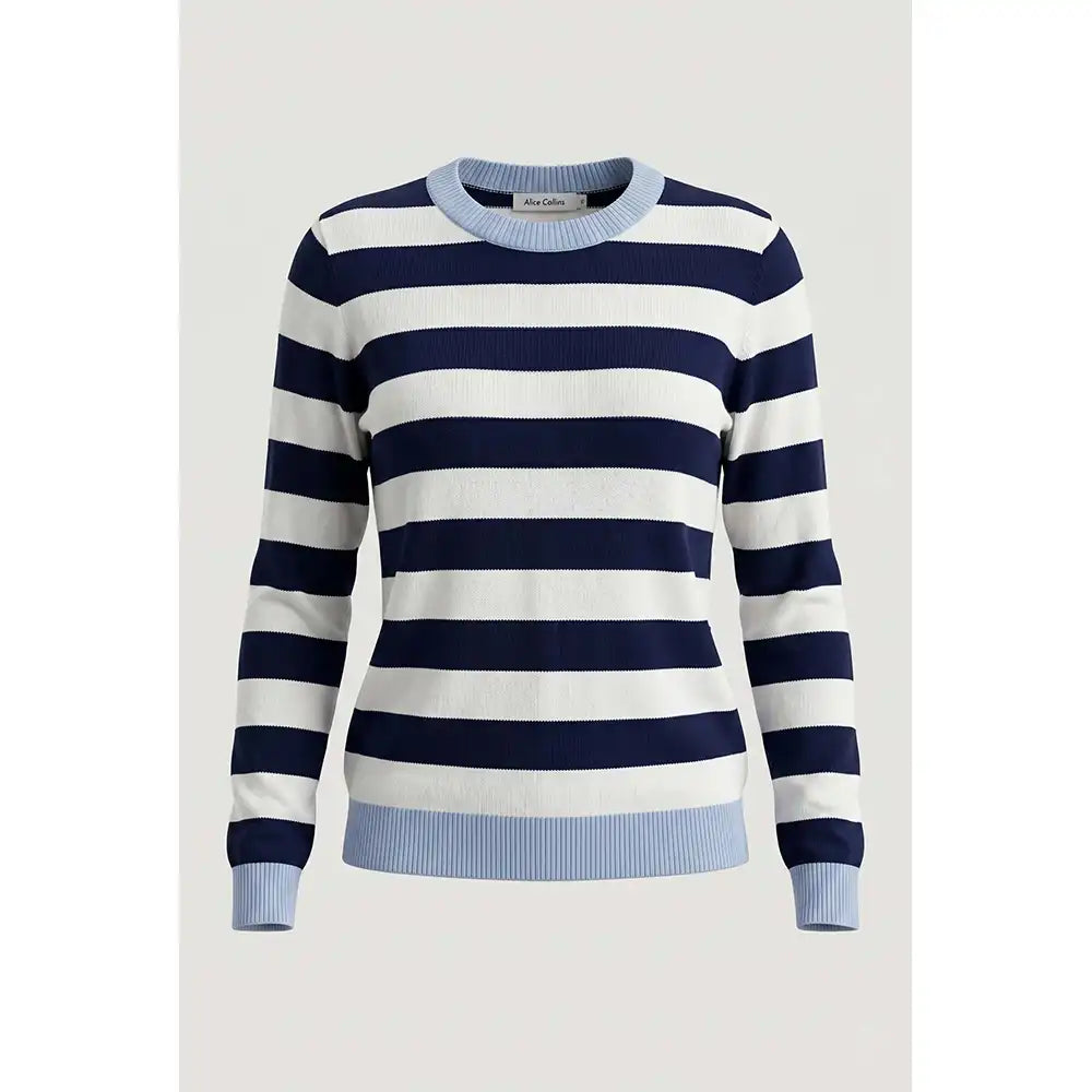 A women's long-sleeve knit sweater with horizontal navy and white stripes, featuring light blue ribbed trim at the crew neck, cuffs, and hem.