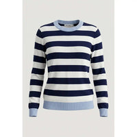 A women's long-sleeve knit sweater with horizontal navy and white stripes, featuring light blue ribbed trim at the crew neck, cuffs, and hem.