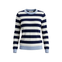 A women's long-sleeve knit sweater with horizontal navy and white stripes, featuring light blue ribbed trim at the crew neck, cuffs, and hem.