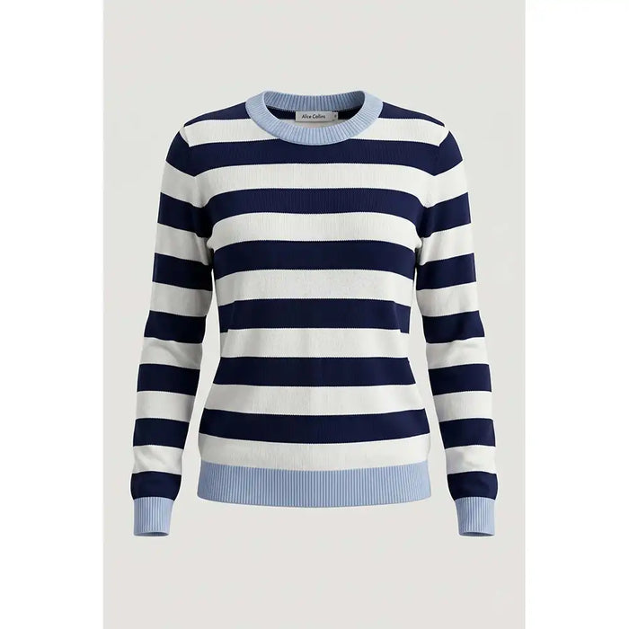 A women's long-sleeve knit sweater with horizontal navy and white stripes, featuring light blue ribbed trim at the crew neck, cuffs, and hem.