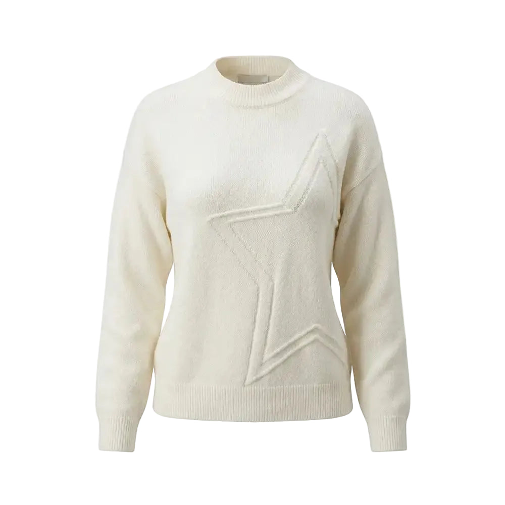 An off-white knit sweater with a large raised star motif on the front, displayed on a clean white background.