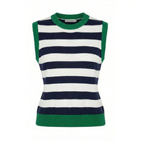 A sleeveless knit sweater vest with horizontal navy blue and white stripes, featuring a green crew neck, green sleeve cuffs, and a green ribbed hem. The brand name 'JACK CANN' is visible on the inner neck label.