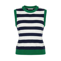 A sleeveless knit sweater vest with horizontal navy blue and white stripes, featuring a green crew neck, green sleeve cuffs, and a green ribbed hem. The brand name 'Alice Collins' is visible on the inner neck label.