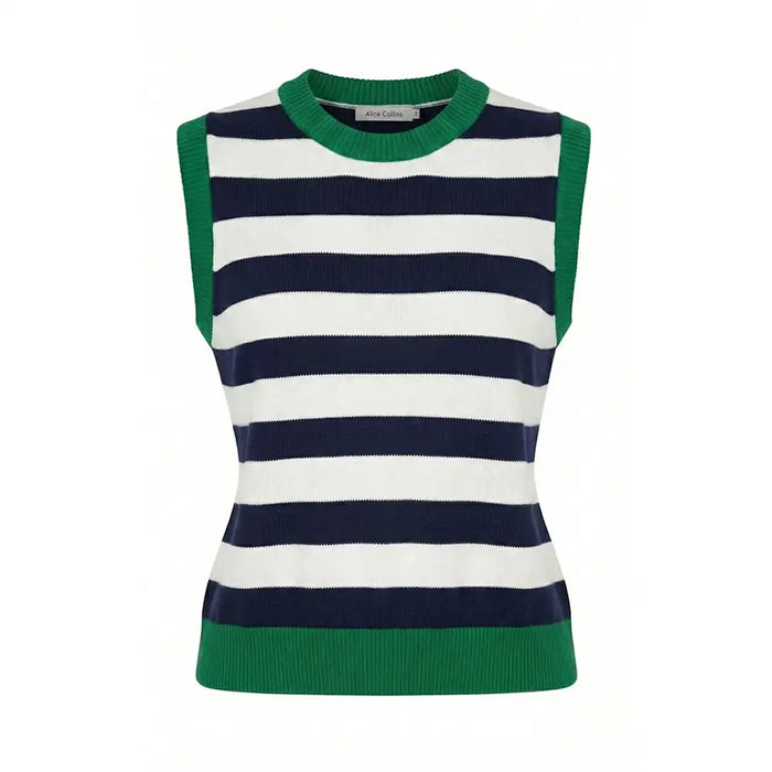 A sleeveless knit sweater vest with horizontal navy blue and white stripes, featuring a green crew neck, green sleeve cuffs, and a green ribbed hem. The brand name 'JACK CANN' is visible on the inner neck label.