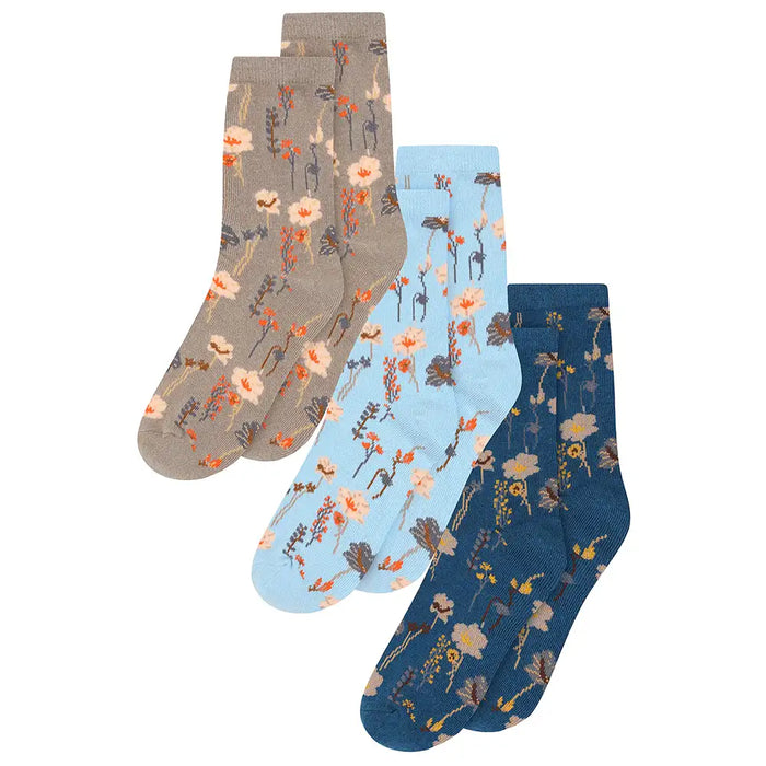 Three pairs of floral-patterned socks in gray, blue, and navy on a white background.