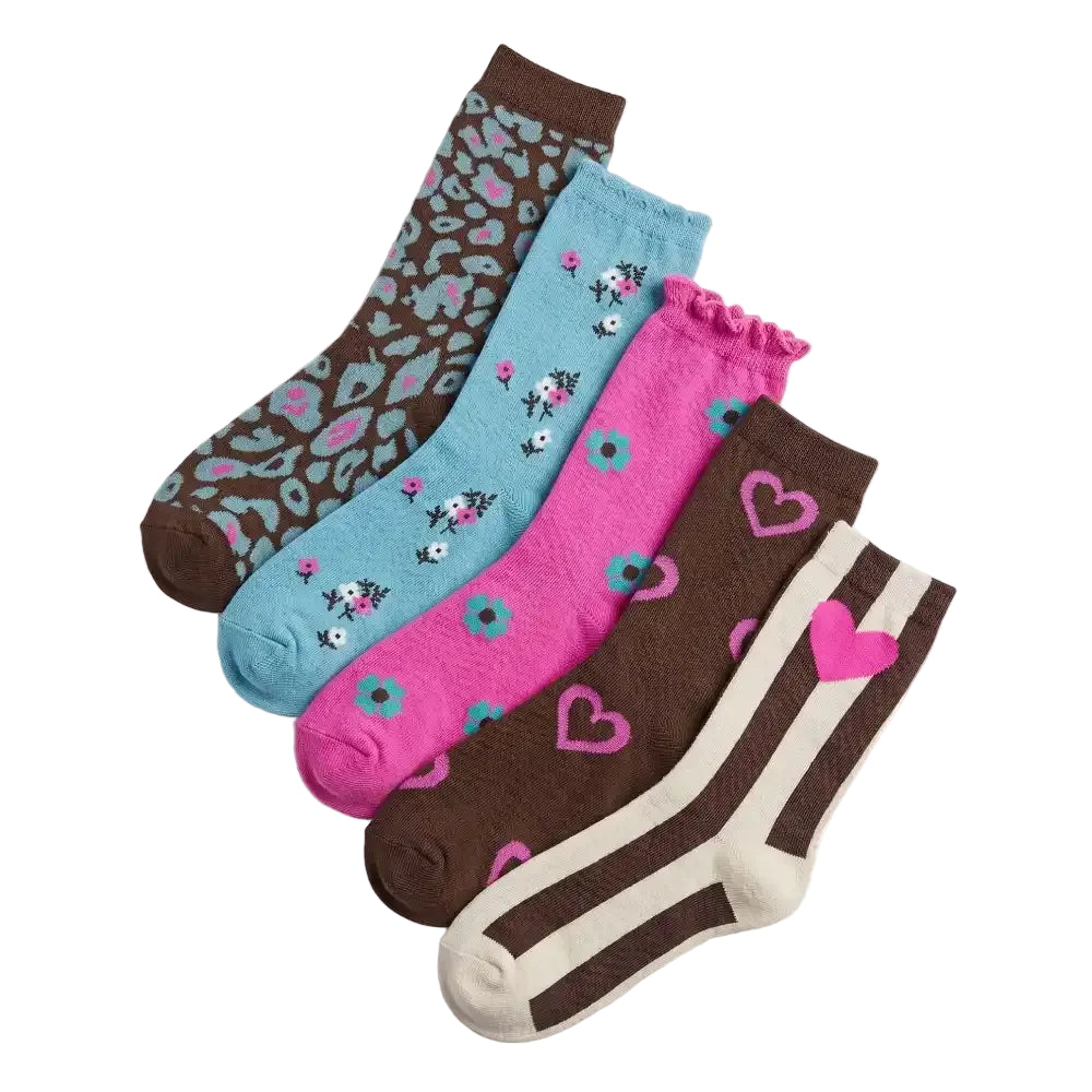 Five pairs of women's ankle socks arranged diagonally on a white background. The socks feature playful patterns including leopard print, floral prints, hearts, and stripes in pink, brown, light blue, and cream.