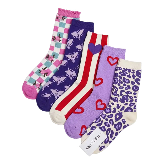 A 5-pack of women's ankle socks from Alice Collins, featuring four distinct patterns: pink and blue checkers with flowers, purple butterflies on white, red and white stripes with a purple heart, and a purple leopard print with cream hearts. The socks are arranged diagonally on a white background.