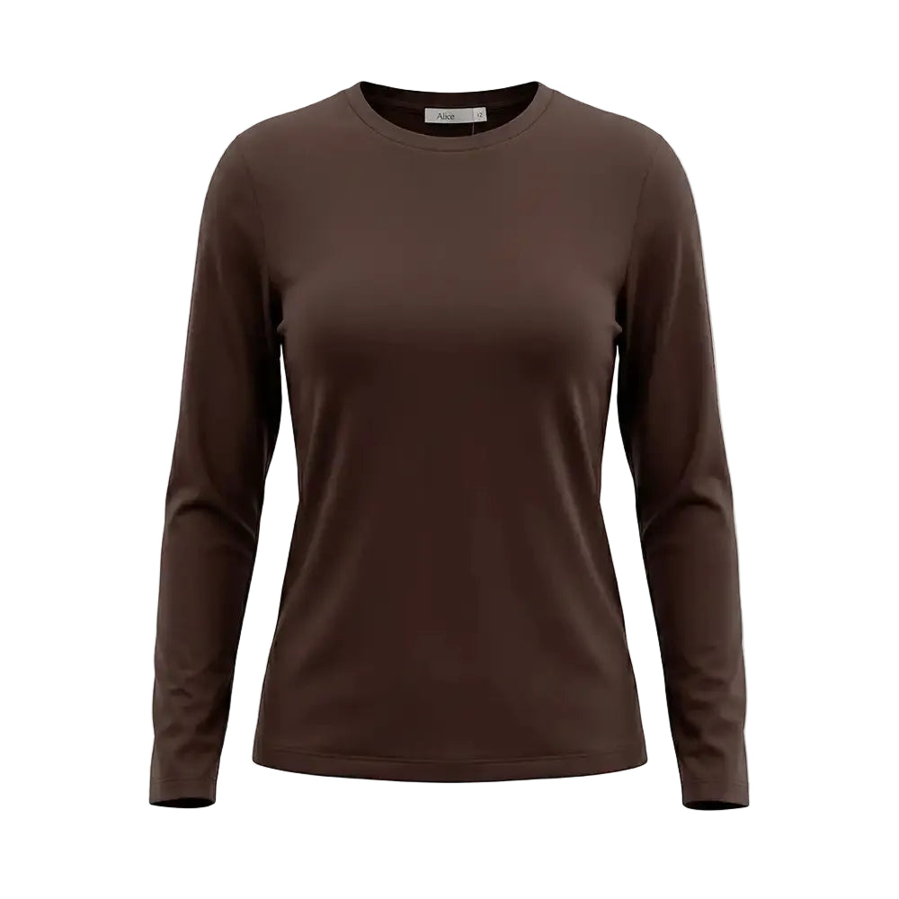 A women's long-sleeve crewneck top in a solid dark brown color, shown on a clean white background.