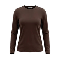 A women's long-sleeve crewneck top in a solid dark brown color, shown on a clean white background.