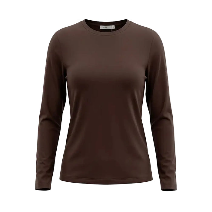 A women's long-sleeve crewneck top in a solid dark brown color, shown on a clean white background.