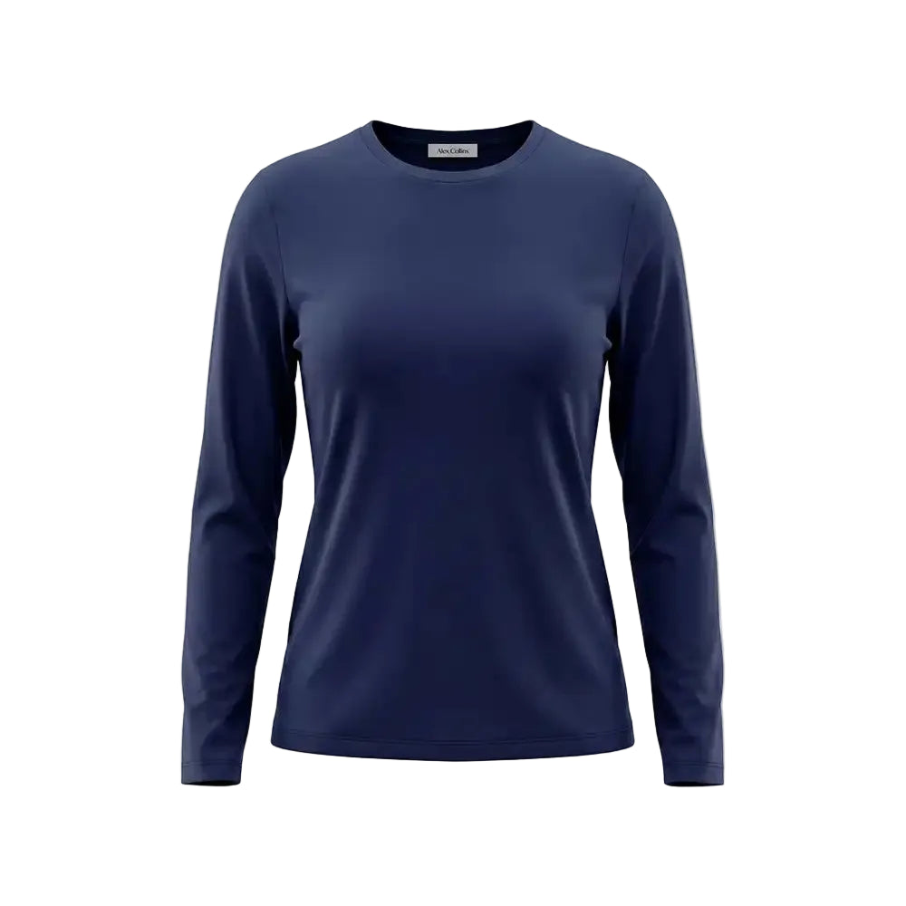 A navy blue long-sleeve crew neck top displayed on a headless mannequin torso against a plain white background.
