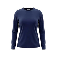 A navy blue long-sleeve crew neck top displayed on a headless mannequin torso against a plain white background.
