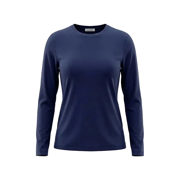 A navy blue long-sleeve crew neck top displayed on a headless mannequin torso against a plain white background.