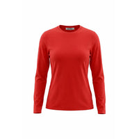 A bright red long-sleeve crewneck t-shirt displayed on a clean white background.