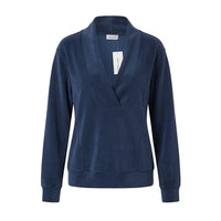 A navy blue long-sleeve top with a wide shawl collar and wrap-style front, shown on a plain white background with a hangtag attached.