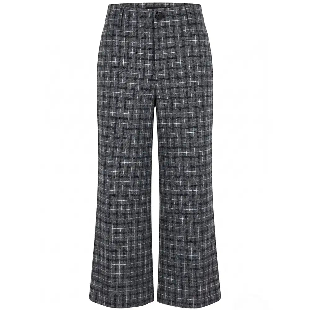 A pair of wide-leg trousers in a gray and black plaid pattern, shown against a plain white background.