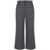 A pair of wide-leg trousers in a gray and black plaid pattern, shown against a plain white background.